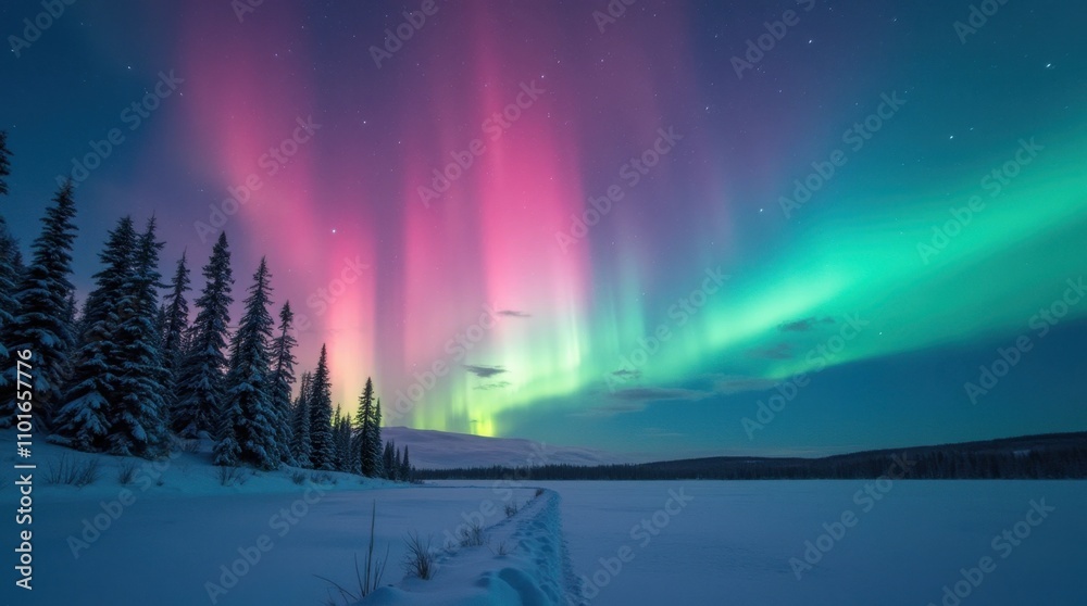 Vibrant Aurora Borealis Illuminates Snowy Landscape Vibrant Aurora Borealis Illuminates Snowy Landscape