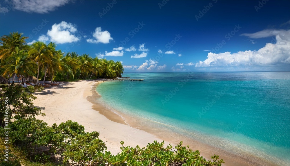 Beautiful tropical beach with palm trees, sunset beach seascape, design template for travel banner. Beautiful tropical beach with palm trees, sunset beach seascape, design template for travel banner.