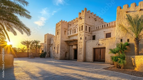 Traditional mud-brick architecture of Diriyah in Riyadh, with aged, textured walls and historic wooden doors. The warm sunlight highlights the craftsmanship of Saudi heritage. photo