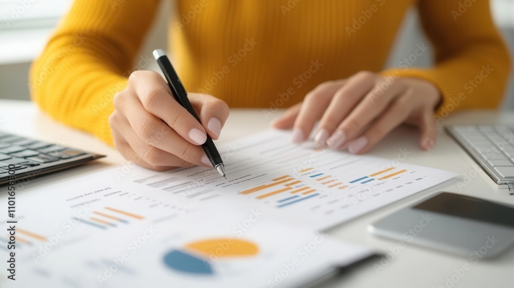 Advisor reviewing a client s annual performance report, minimalist desk setup, photo-realistic, business evaluation concept Advisor reviewing a client s annual performance report, minimalist desk setup, photo-realistic, business evaluation concept