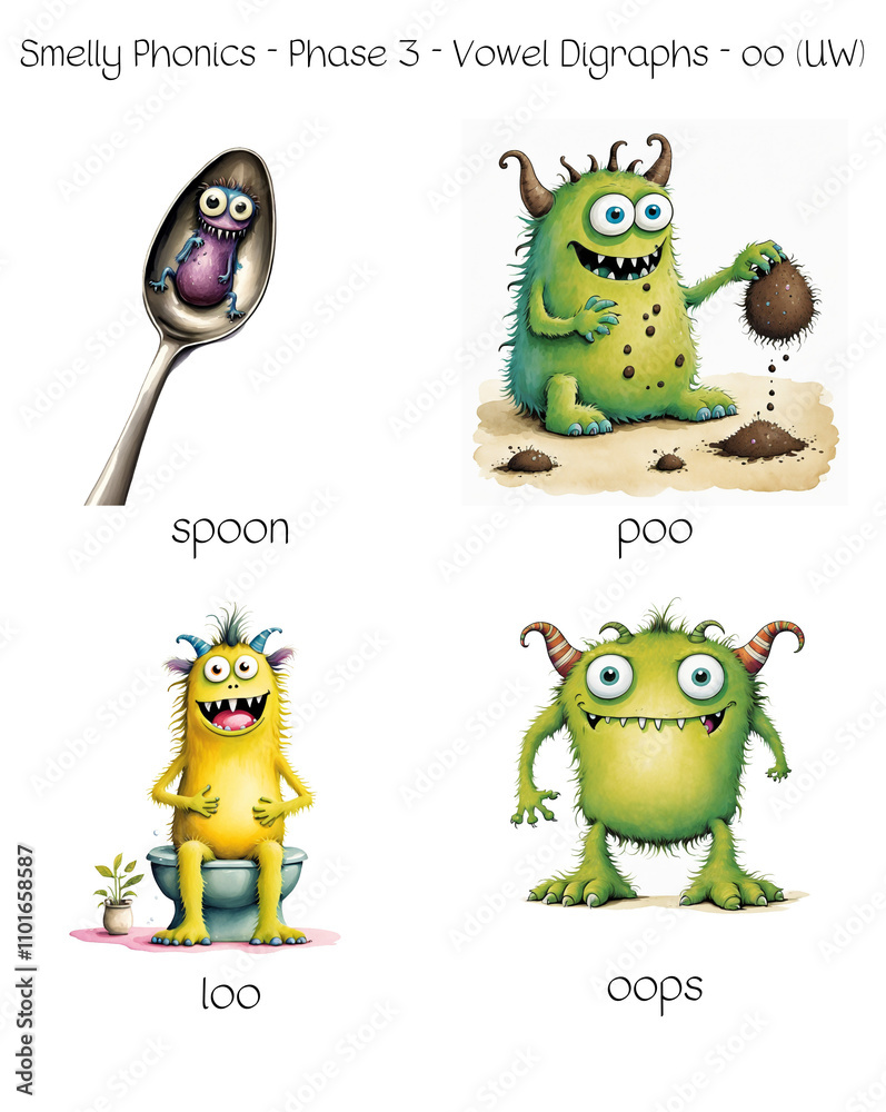 Fototapeta premium Smelly Phonics - Phase 3 - Vowel Digraphs - oo (UW) - spoon, poo, loo, oops