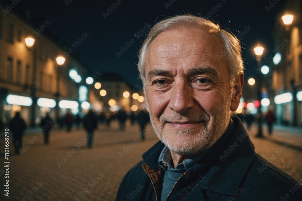 Close portrait of a smiling senior Georgian man looking at the camera, Georgian city outdoors at night blurred background Close portrait of a smiling senior Georgian man looking at the camera, Georgian city outdoors at night blurred background