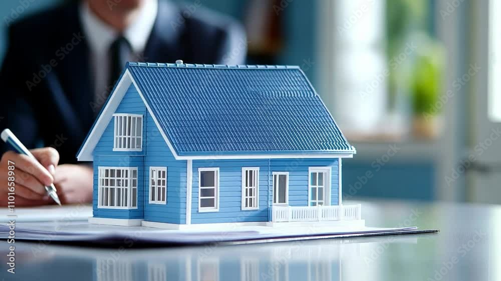 Businessman signing mortgage agreement with a focus on a blue model house placed on a document, analysis of real estate opportunities by a professional agent Businessman signing mortgage agreement with a focus on a blue model house placed on a document, analysis of real estate opportunities by a professional agent