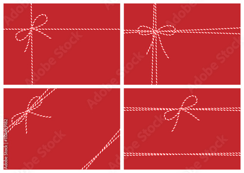 Set of flat minimalistic red background, gift tied up with cotton red rope bakers twine bow and ribbons. Packing string for present, pastry boxes for New Year, Christmas, Birthday. Vector EPS10