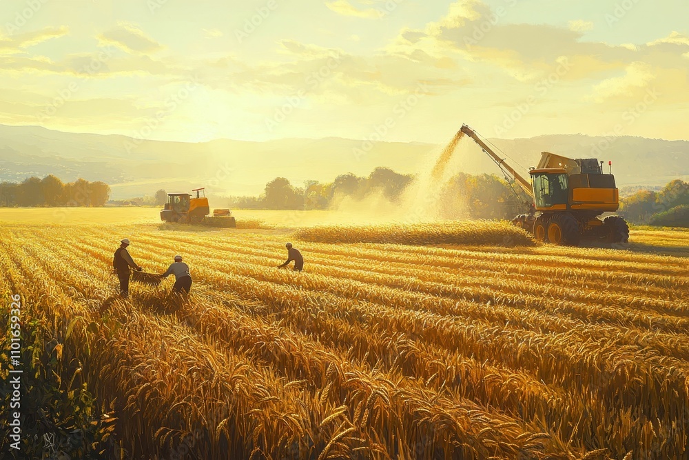 Fototapeta premium Golden wheat field, harvesting, combines, workers.