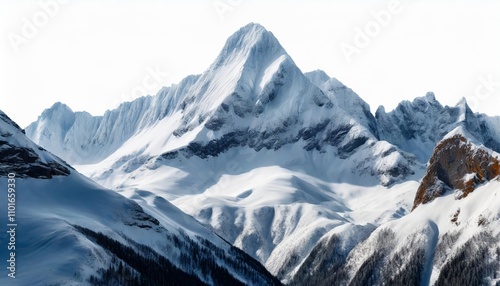 Majestic snow-capped mountain peak isolated on a pristine white background, showcasing stunning natural details and crisp textures in a serene winter landscape ideal for creative projects.