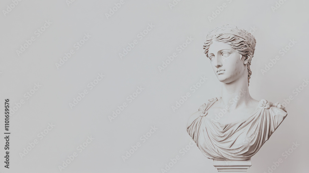 Classical Marble Bust of Woman with Draped Garment in White. Classical Marble Bust of Woman with Draped Garment in White.