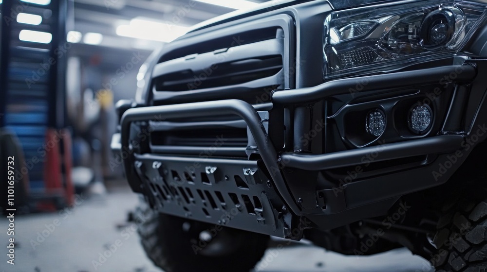 Fototapeta premium Workshop scene with a reinforced black grille, metal bumper, and step bars being installed on an SUV. The durable components emphasize the SUV's readiness for tough off-road terrain.