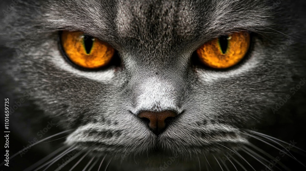 British shorthair cat with striking orange eyes intensely gazing at the camera in a close-up image, showcasing detailed fur texture and expression. British shorthair cat with striking orange eyes intensely gazing at the camera in a close-up image, showcasing detailed fur texture and expression.