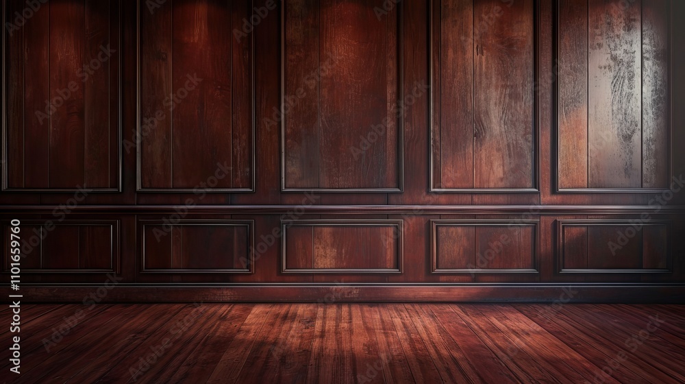 Dark wood wall paneling and hardwood floor. Classic interior design. Dark wood wall paneling and hardwood floor. Classic interior design.
