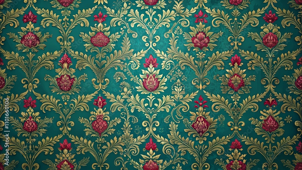 Elegant Teal and Gold Damask Floral Textile Design with Crimson Accents Elegant Teal and Gold Damask Floral Textile Design with Crimson Accents
