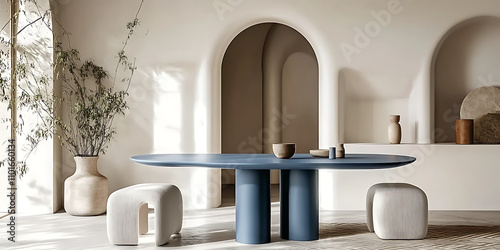 Modern Japandi Minimalist Loft Living Room Featuring Scandinavian Decor, Neutral Tones, Blue Armchair, Concrete Flooring, Wooden Furniture, and Arched Entryways to Blend Clean Lines and Cozy Atmospher