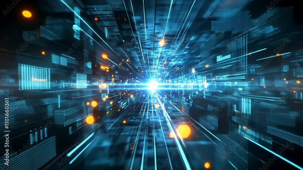 Futuristic digital tunnel with glowing lines and data streams. Futuristic digital tunnel with glowing lines and data streams.