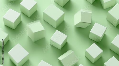 A collection of pastel green 3D cubes arranged randomly on a flat surface, creating a modern abstract pattern. The minimalistic design emphasizes geometric shapes and soothing green tones.