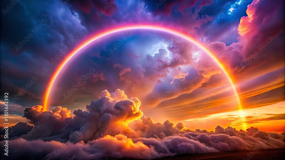 Luminous Neon Clouds with Rainbow Halo: Captivating Landscape Photography of Colorful Skies in Dark Violet and Orange Tones Luminous Neon Clouds with Rainbow Halo: Captivating Landscape Photography of Colorful Skies in Dark Violet and Orange Tones