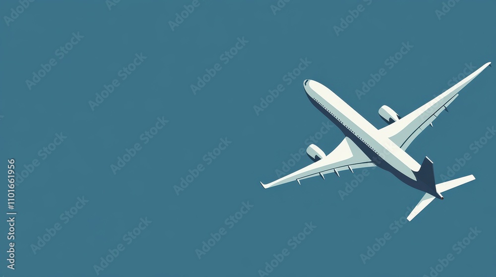 Flat design of an airplane flying across a monochromatic blue background with ample copy space for travel-related messages. Flat design of an airplane flying across a monochromatic blue background with ample copy space for travel-related messages.