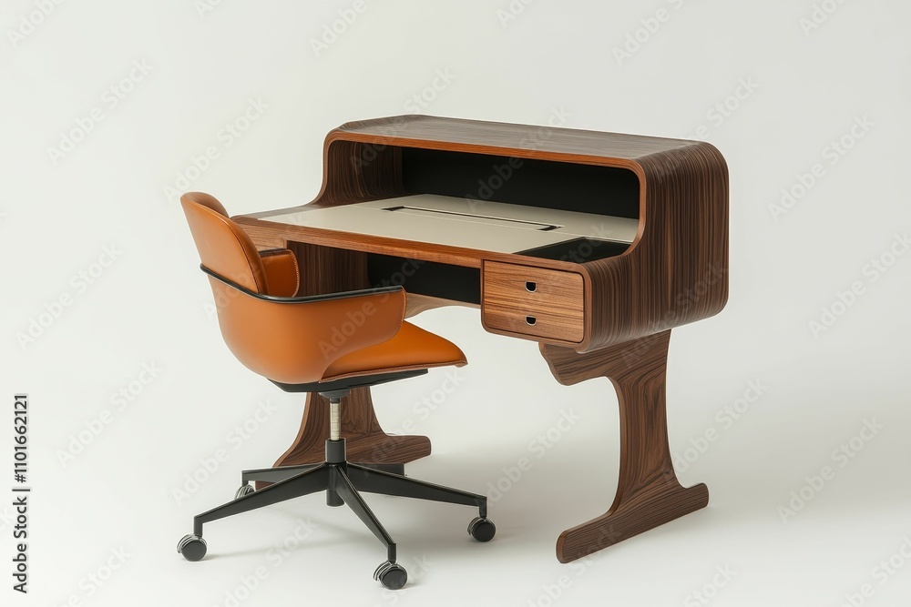 Modern wooden desk, orange chair, minimalist design. Modern wooden desk, orange chair, minimalist design.