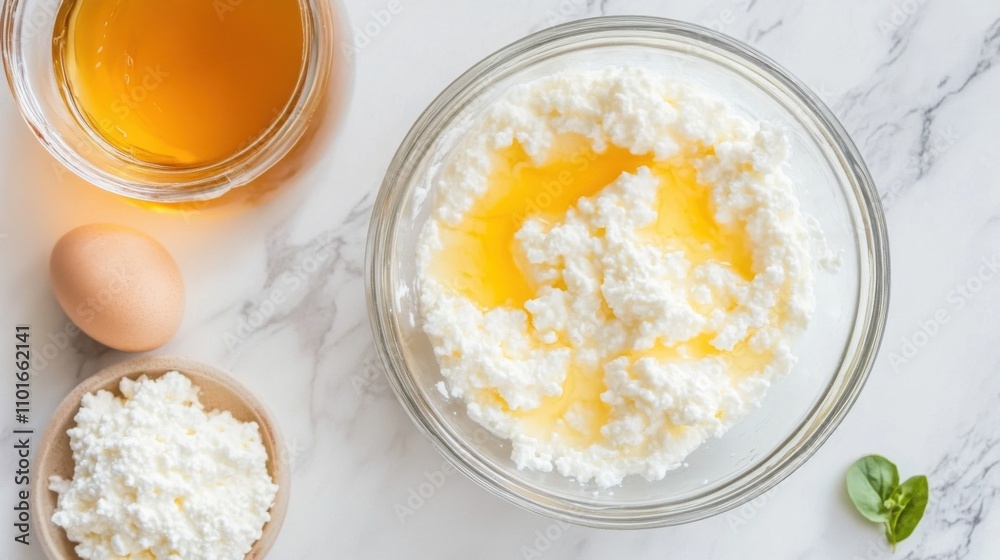 Fresh Ingredients for Homemade Culinary Creations Featuring Egg, Cottage Cheese, Honey, and Olive Oil on a Marble Surface for Delicious Recipes Fresh Ingredients for Homemade Culinary Creations Featuring Egg, Cottage Cheese, Honey, and Olive Oil on a Marble Surface for Delicious Recipes