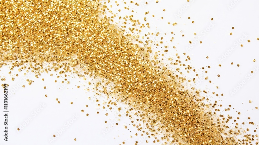 Sparkling gold glitter scattered on white background, perfect for creating festive cards and decorations, adding a touch of elegance and celebration. Sparkling gold glitter scattered on white background, perfect for creating festive cards and decorations, adding a touch of elegance and celebration.