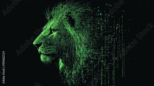 Glowing neon green digital lion code art tech environment graphic design abstract viewpoint
