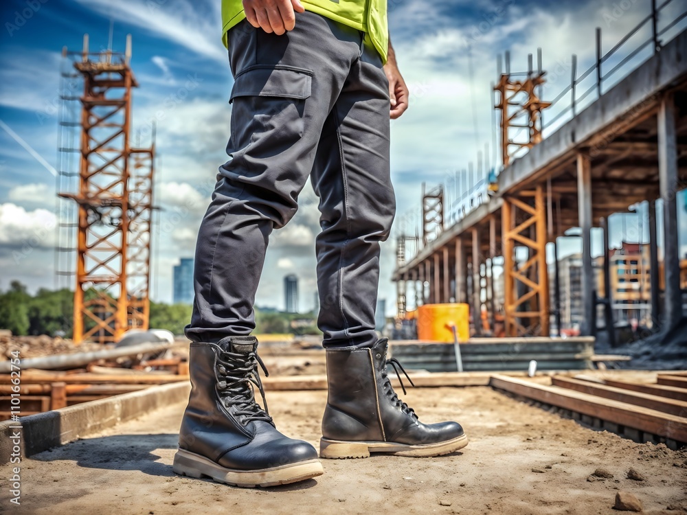 Construction Worker in Safety Boots on Scaffolding Construction Worker in Safety Boots on Scaffolding