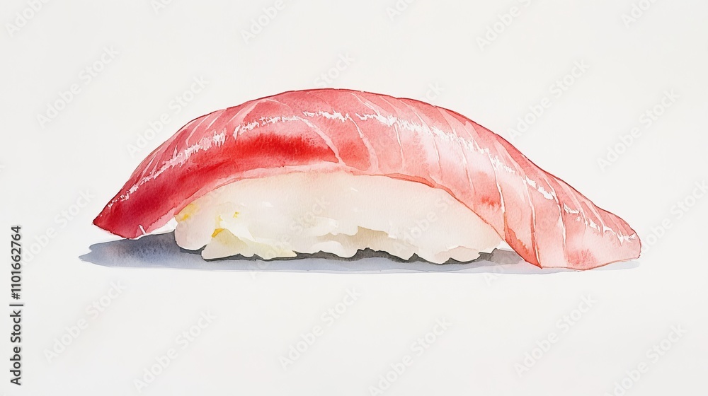 Delicate Watercolor Illustration of Hamachi Sushi on White Background