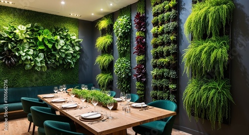 Vertical garden on walls for a lush ecofriendly dining ambiance
