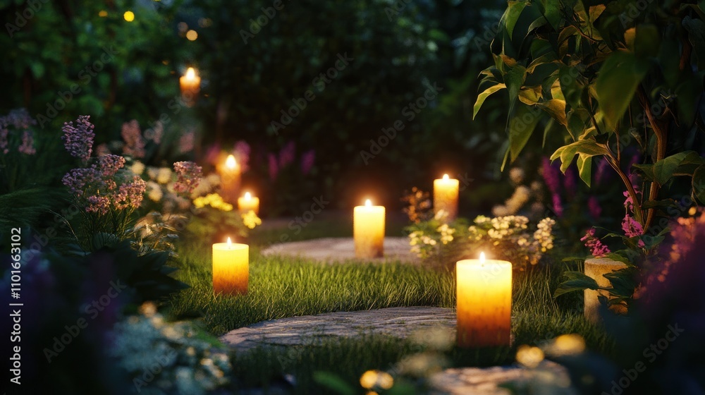 Illuminated Garden Path With Candles And Flowers At Night Illuminated Garden Path With Candles And Flowers At Night
