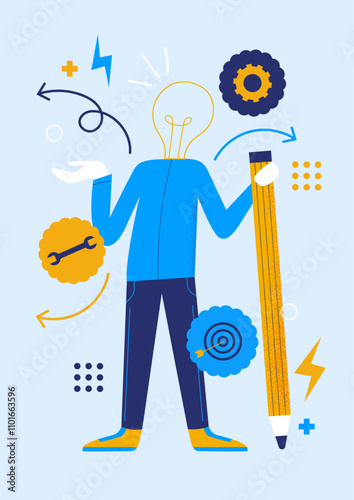 Personnage avec une texte d'ampoule et un crayon. Illustration vectorielle sur le thème des idées, des outils et des objectifs.