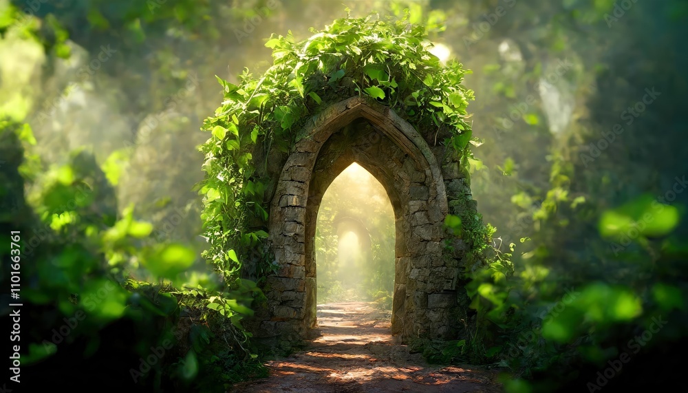 Immersive Fantasy Scene Featuring a Mystical Portal Archway Entwined with Lush Creepers in an Enchanting Realm of Wonders, Highlighting Ethereal Atmospheres and Imaginative Worldbuilding Immersive Fantasy Scene Featuring a Mystical Portal Archway Entwined with Lush Creepers in an Enchanting Realm of Wonders, Highlighting Ethereal Atmospheres and Imaginative Worldbuilding