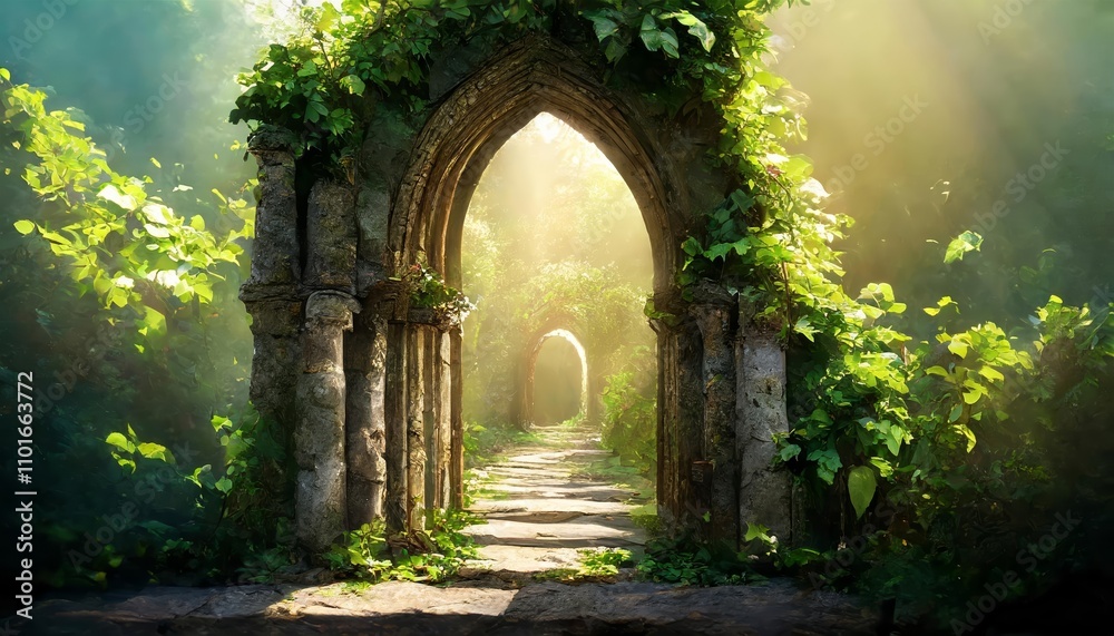 Fototapeta premium A mesmerizing fantasy portal archway covered in lush green creepers, set in an ethereal world with vibrant colors, magical lighting, and a mystical atmosphere that captivates the