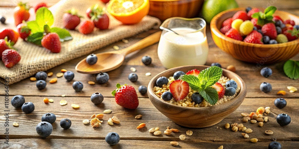 A wholesome breakfast bowl of granola, topped with fresh strawberries and blueberries, accompanied by a pitcher of milk and a scattering of berries on a rustic wooden table. A wholesome breakfast bowl of granola, topped with fresh strawberries and blueberries, accompanied by a pitcher of milk and a scattering of berries on a rustic wooden table.