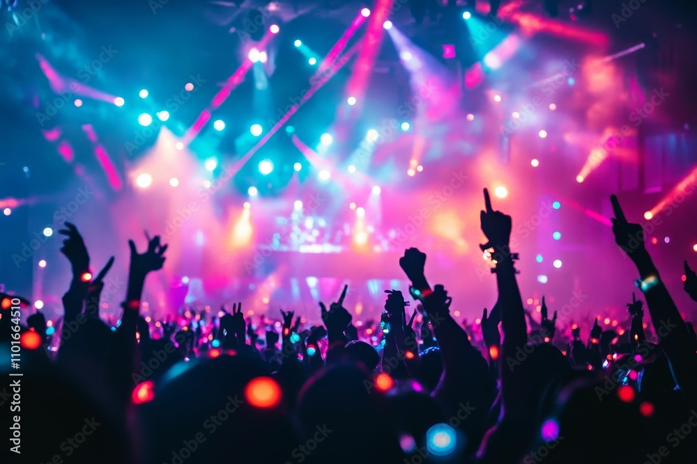 Energetic concert crowd, vibrant lights. Energetic concert crowd, vibrant lights.