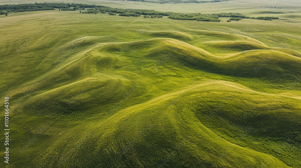 Obraz premium Displaying a captivating aerial view of an expansive green field that is abundant with lush grass, creating a beautiful natural landscape