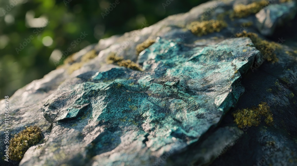 Close-up of a textured rock showcasing vibrant green and blue hues, partly covered with moss in a serene natural setting. Close-up of a textured rock showcasing vibrant green and blue hues, partly covered with moss in a serene natural setting.