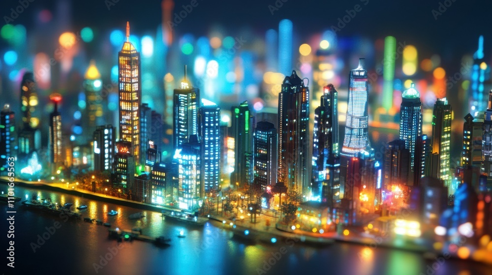 Fototapeta premium Illuminated smart city overview urban landscape nighttime photography modern environment aerial view