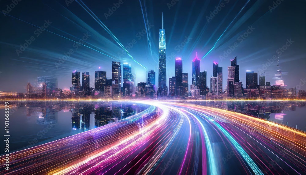 Dynamic speed light trails cutting through a futuristic smart cityscape, highlighting towering skyscrapers illuminated by vibrant neon lights, symbolizing urban innovation and technological Dynamic speed light trails cutting through a futuristic smart cityscape, highlighting towering skyscrapers illuminated by vibrant neon lights, symbolizing urban innovation and technological