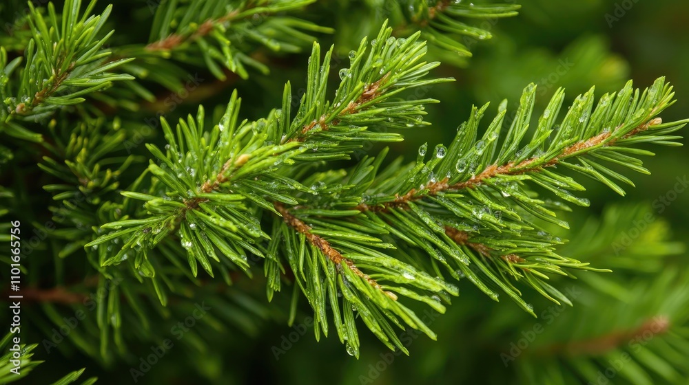 Close-up of a pine branch showcasing vibrant green needles adorned with glistening water droplets after rainfall, highlighting its lush texture. Close-up of a pine branch showcasing vibrant green needles adorned with glistening water droplets after rainfall, highlighting its lush texture.