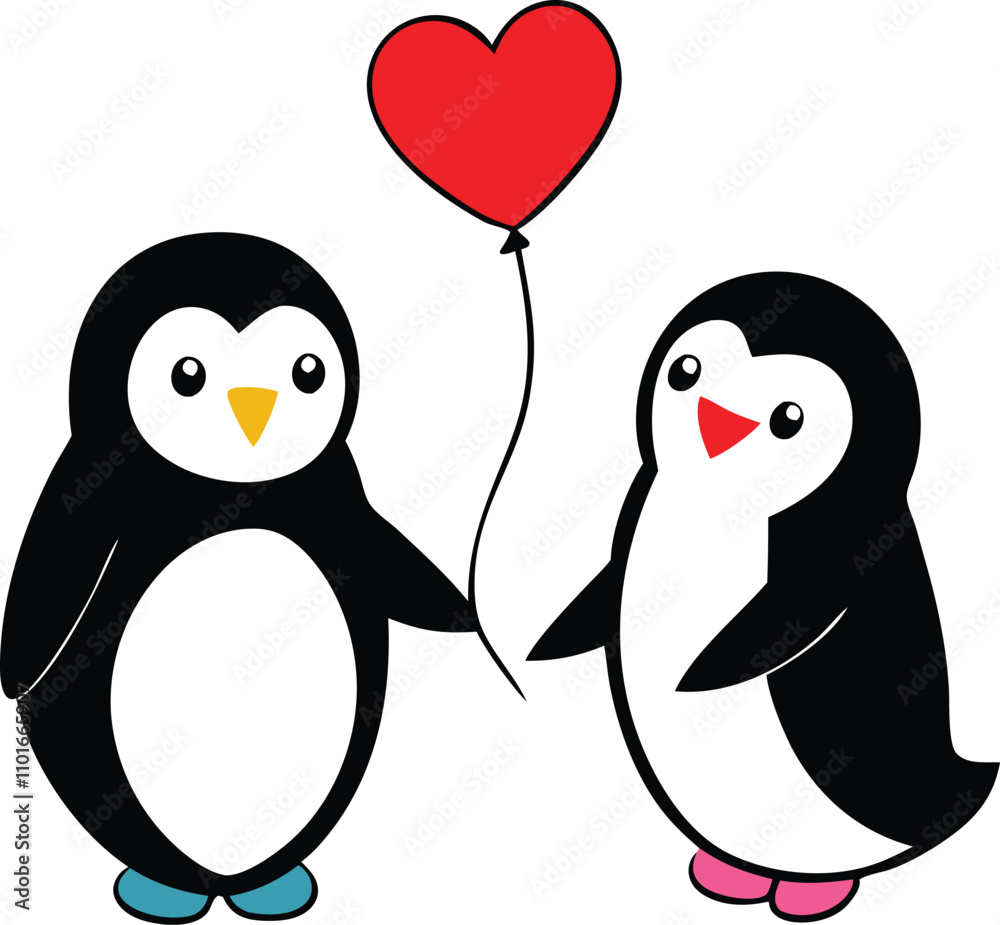 Fototapeta premium Cute cartoon penguins holding a heart-shaped balloon, perfect for love, romance, and Valentine’s Day-themed designs or decorations.