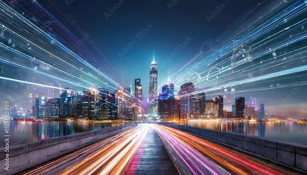 Dynamic speed light trails weaving through futuristic urban mega city with illuminated skyscrapers, showcasing a vibrant, smart cityscape teeming with neon-lit energy and modern Dynamic speed light trails weaving through futuristic urban mega city with illuminated skyscrapers, showcasing a vibrant, smart cityscape teeming with neon-lit energy and modern