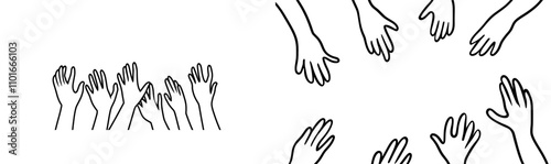 A contemporary illustration of multiple hands in a one-line drawing. A single line poster with outlined hands, perfect for interior design and presentations.