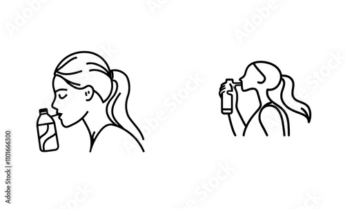 A continuous line drawing of a woman in sportswear drinking water, representing the importance of maintaining water balance. Contemporary illustration.