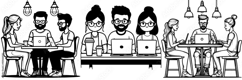 Young professionals engaged in a team project discussion on a table, depicted in a continuous one-line drawing, isolated on a white background, png. Young professionals engaged in a team project discussion on a table, depicted in a continuous one-line drawing, isolated on a white background, png.