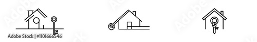 A modern, continuous one-line drawing representing real estate icons, featuring house keys in a sleek, minimalist style.