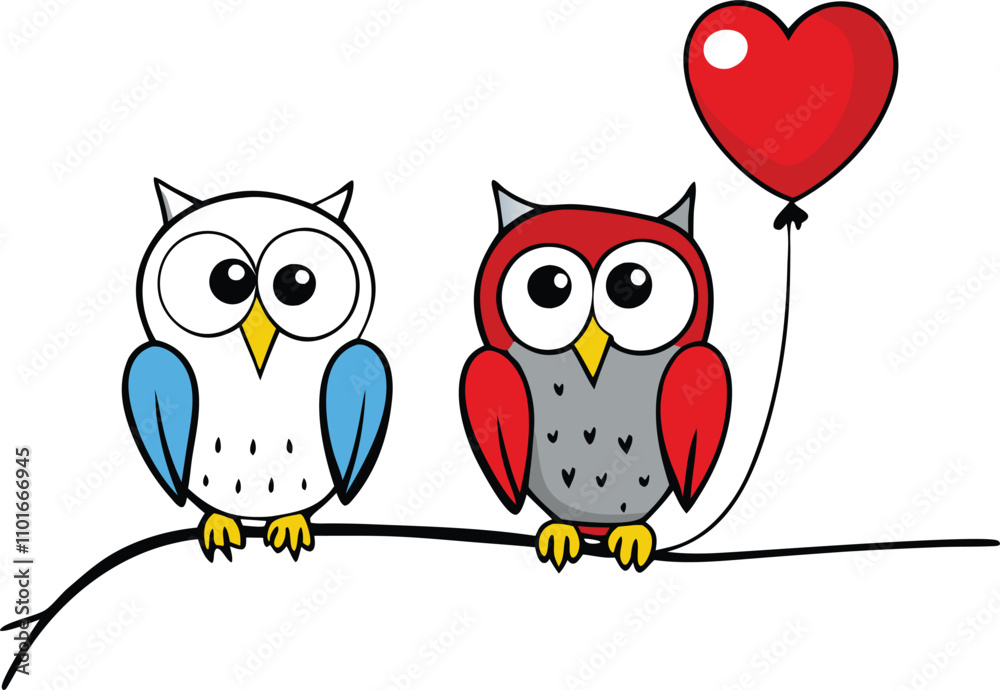 Fototapeta premium Cartoon Owls with Heart Balloon on Tree Branch Vector Illustration for Love and Friendship