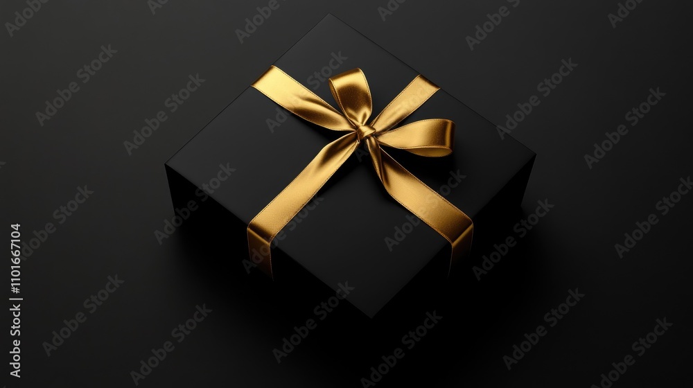 Elegant black gift box with a luxurious gold ribbon showcasing a sophisticated and minimalist design on a dark background. Elegant black gift box with a luxurious gold ribbon showcasing a sophisticated and minimalist design on a dark background.