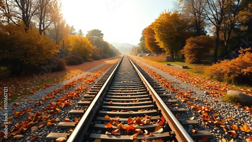 Fallen leaves, silent train tracks.  Calm autumn day. photo