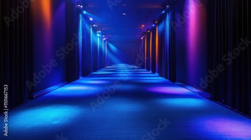 The walkway was paved with blue carpet and colorful spotlights in the dark hall. 