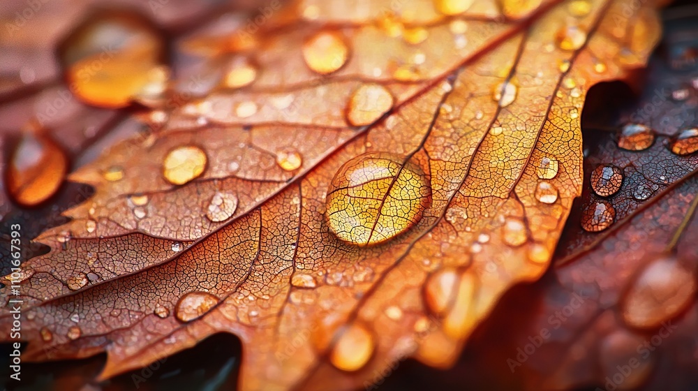 Fototapeta premium Close-up view of colorful autumn leaves with water droplets on a surface