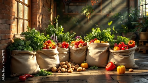 Food photography featuring vintage canvas bags in a warehouse.
